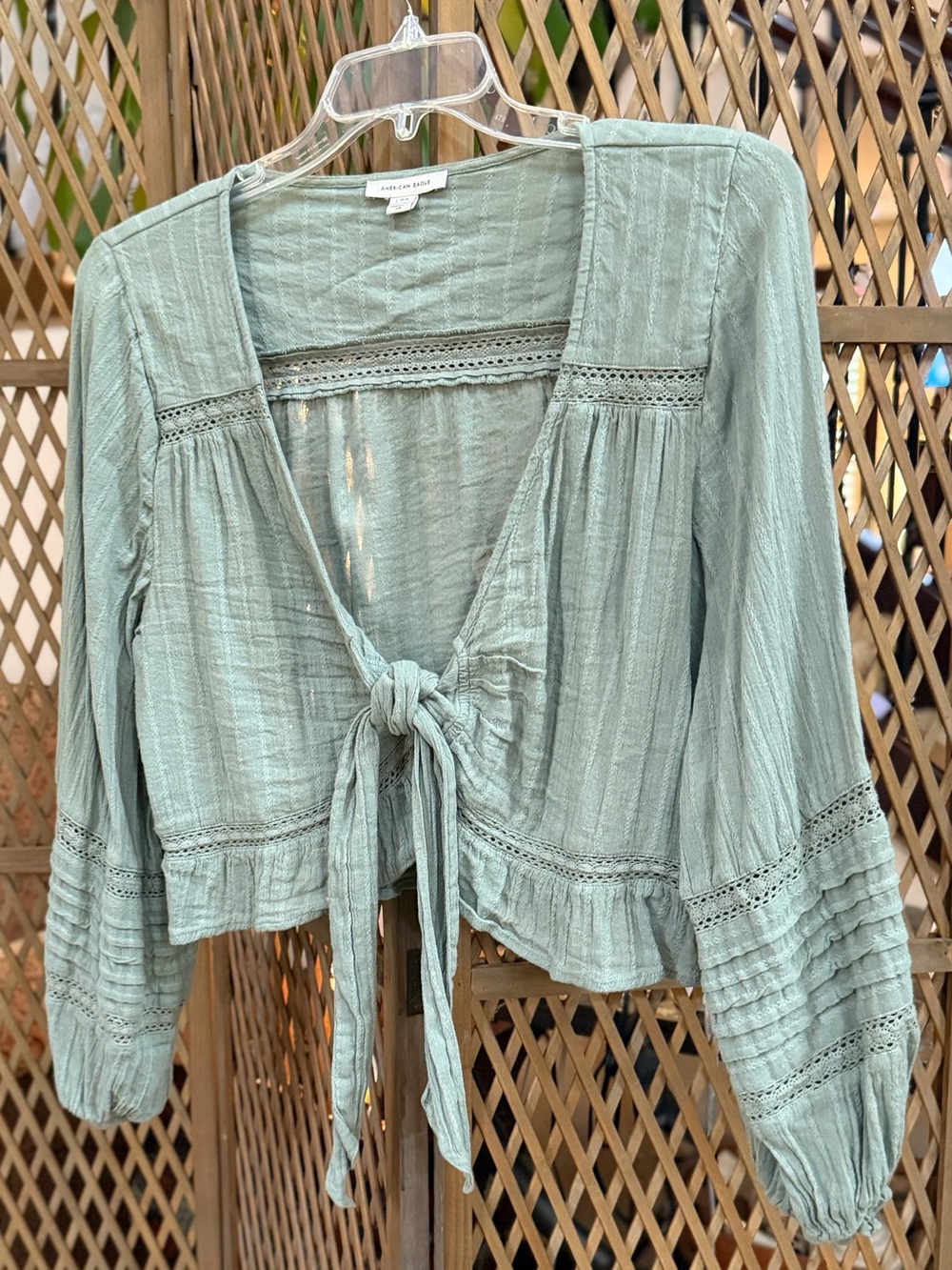 American Eagle Outfitters Sage Green Tie-Front Peasant Blouse